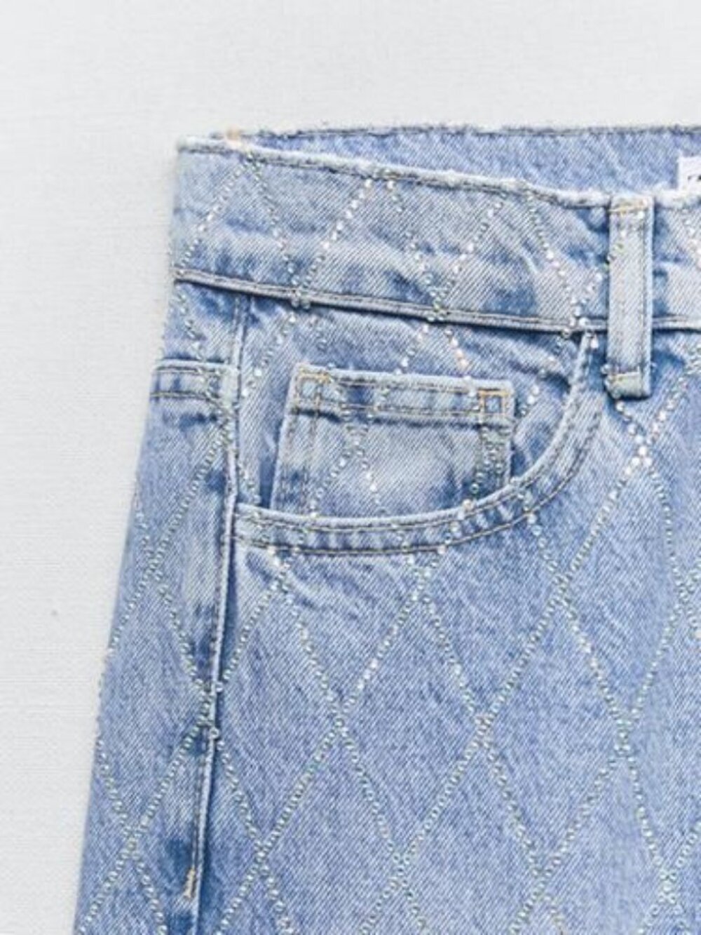 Zara High Rise Jeans in Light Blue Wash with Rhinestones